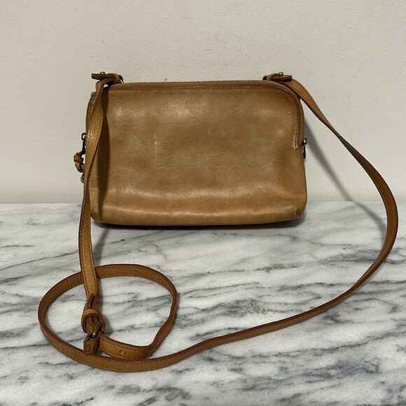 Madewell Twin Pouch Tan Leather Double Zip Crossbody Bag with mirror - Picture 1 of 14